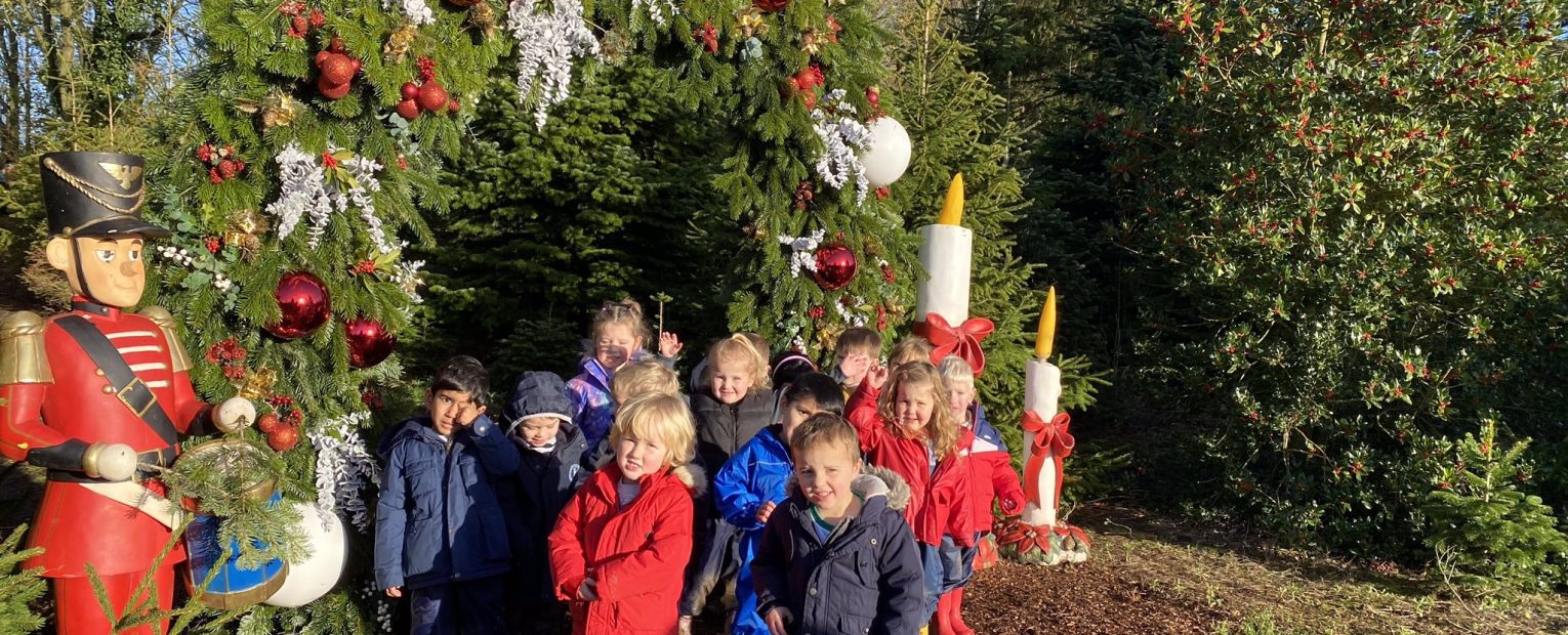 children outside near Christmas trees